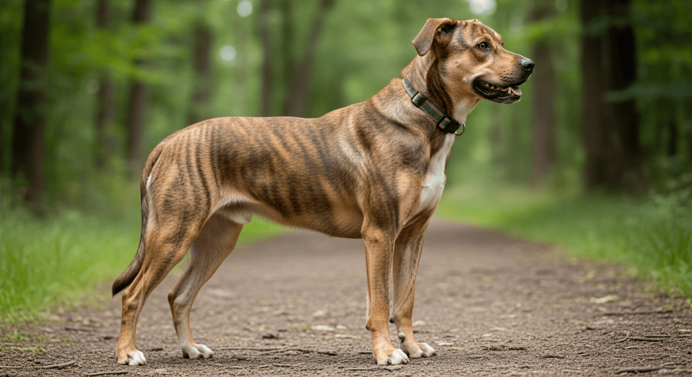 Athletic black mountain cur lab mix standing in profile on driveway showing muscular build and confident posture