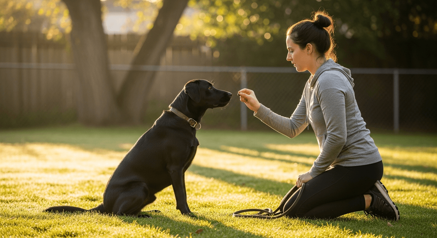 Black Lab mix sits attentively facing trainer in sunny backyard during outdoor training session with treat reward