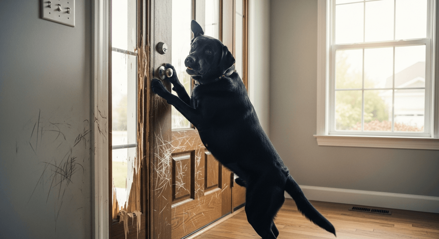 Black Labrador with paws on door showing signs of separation anxiety, with scratch marks on wooden frame