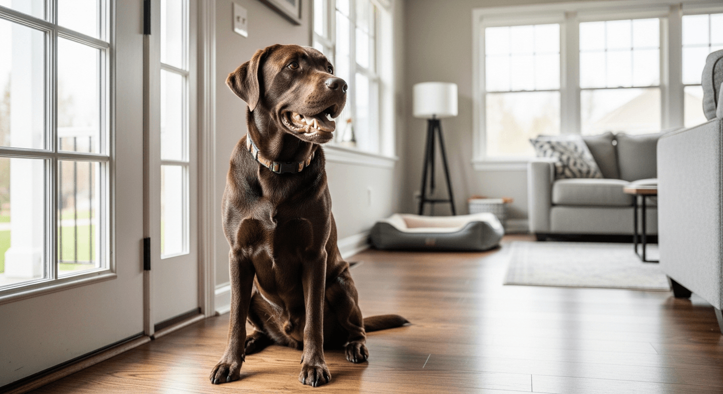 Chocolate Labrador showing labrador separation anxiety signs while sitting alone by a front door, ears back and gazing toward