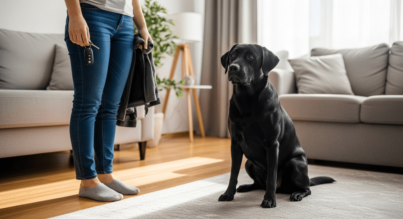 Black Labrador sitting calmly on rug while owner holds keys, demonstrating desensitization training for labrador separation a