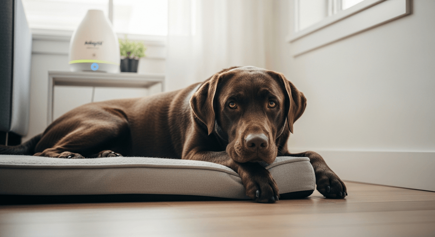 Chocolate Labrador resting calmly on gray dog bed with Adaptil diffuser visible for separation anxiety relief