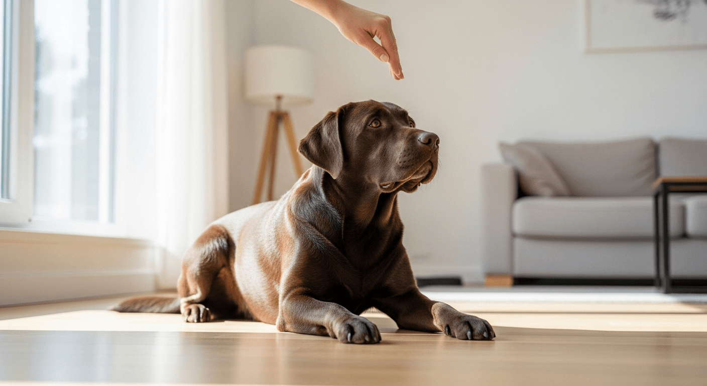 Chocolate Labrador Retriever lying in the down position during obedience training, head up and focused