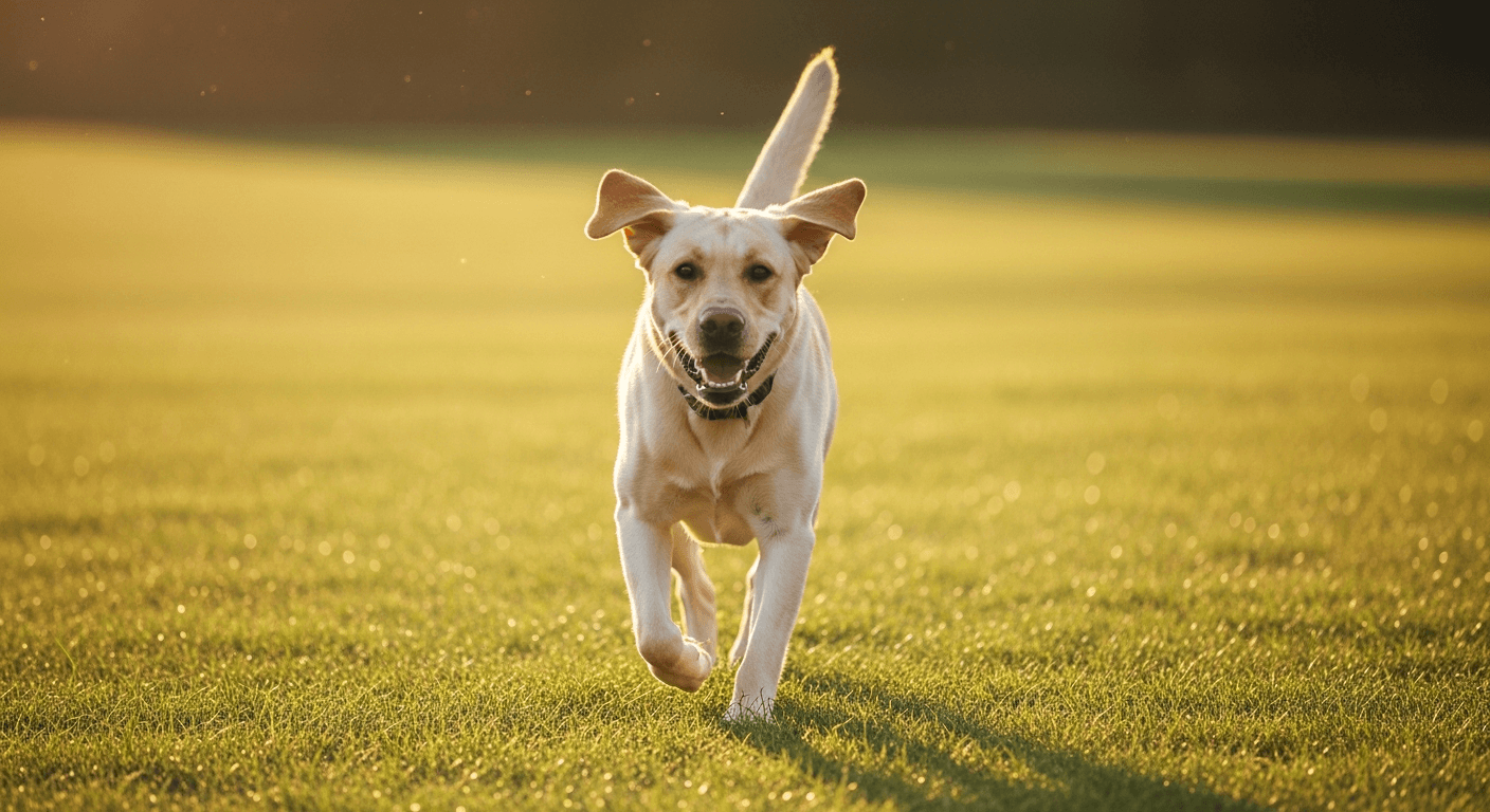 Yellow Labrador Retriever running enthusiastically toward owner during recall training in an open field