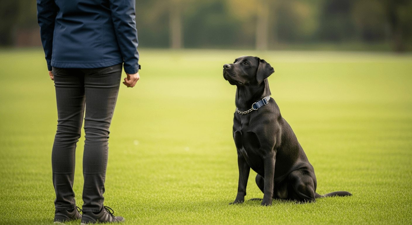Black Labrador Retriever holding a stay command while owner walks away on a green lawn
