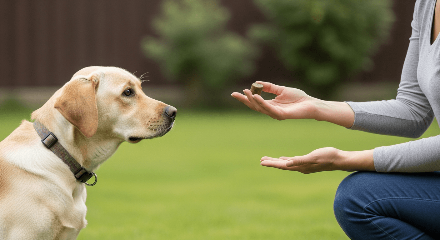 Yellow Labrador puppy looking distracted during obedience training while owner offers a treat