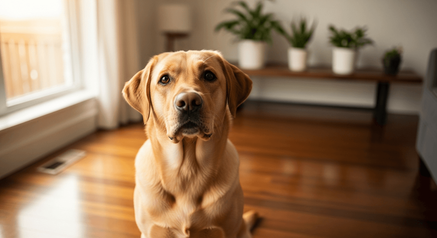 Yellow Labrador Retriever sitting calmly on hardwood floor responding to owner's sit command