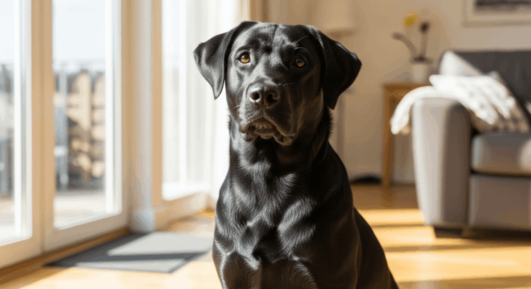 Black labrador sitting alert in a bright living room with sunlight streaming through windows, glossy coat gleaming