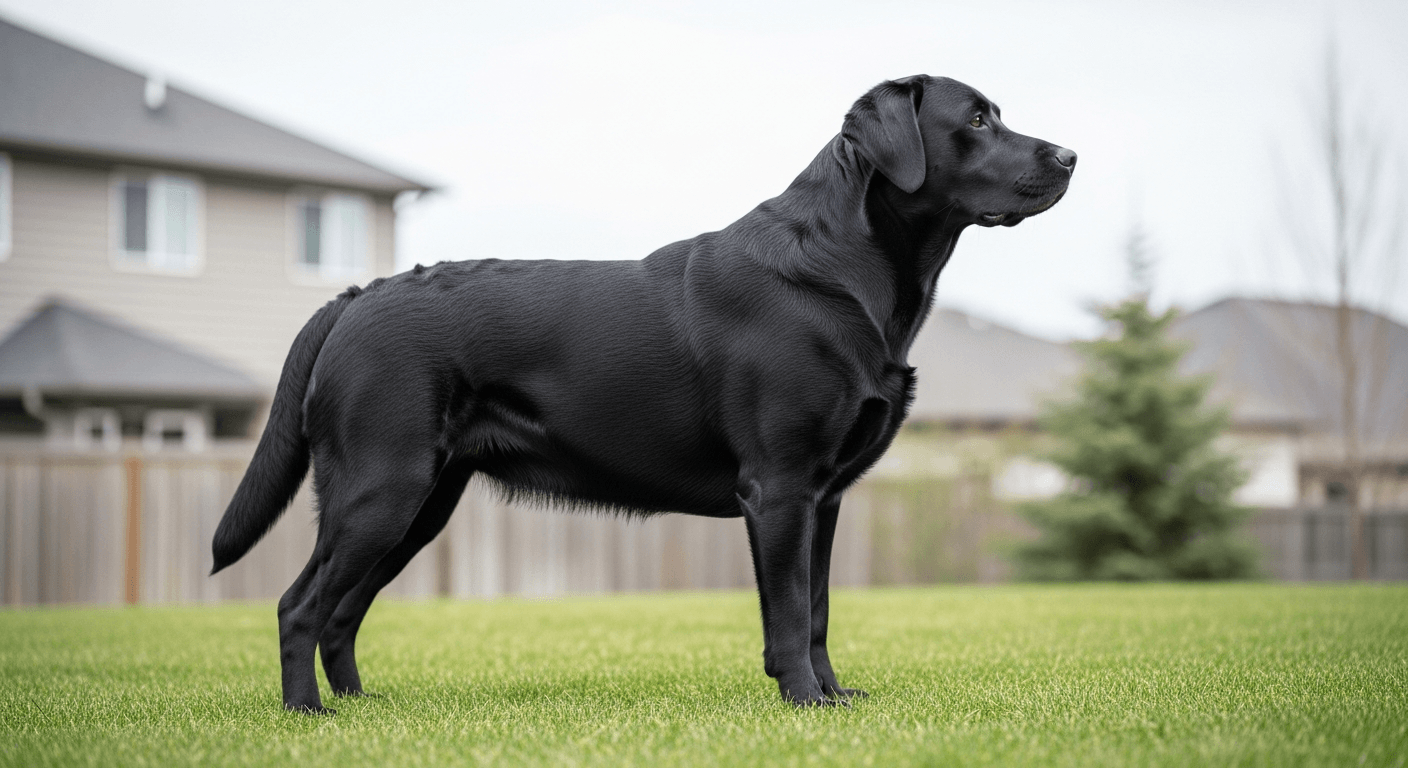 Black Labrador Retriever standing on grass showing muscular build and glossy coat in backyard setting