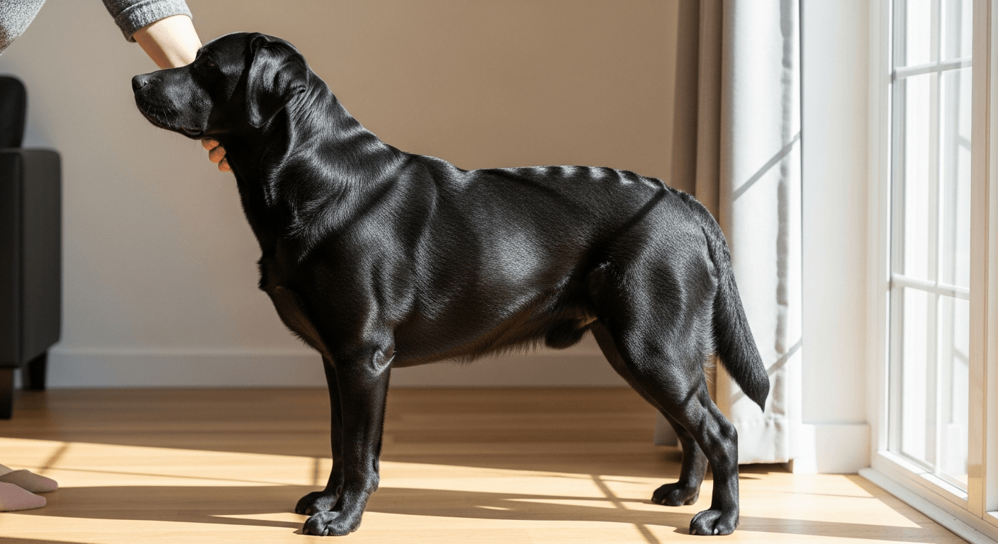 Black Labrador Retriever standing alert indoors, showcasing its muscular build and glossy coat in natural sunlight
