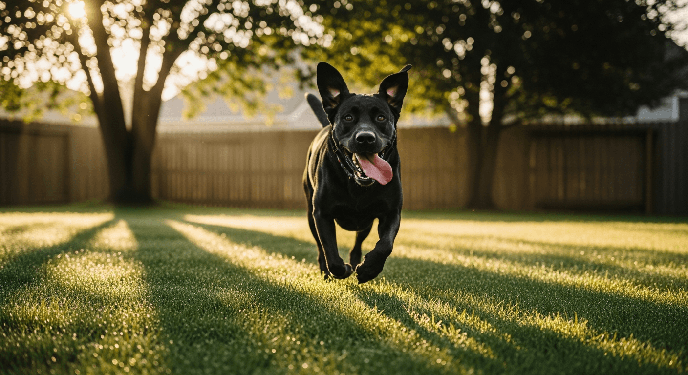 Black Labrador Retriever sprinting through grass with tongue out at sunrise, ears flying back