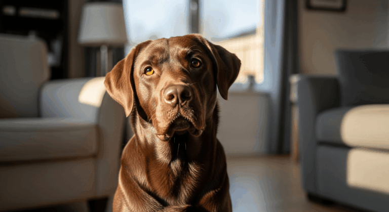 A chocolate labrador sitting attentively in a sunlit living room with intelligent eyes and a glossy coat
