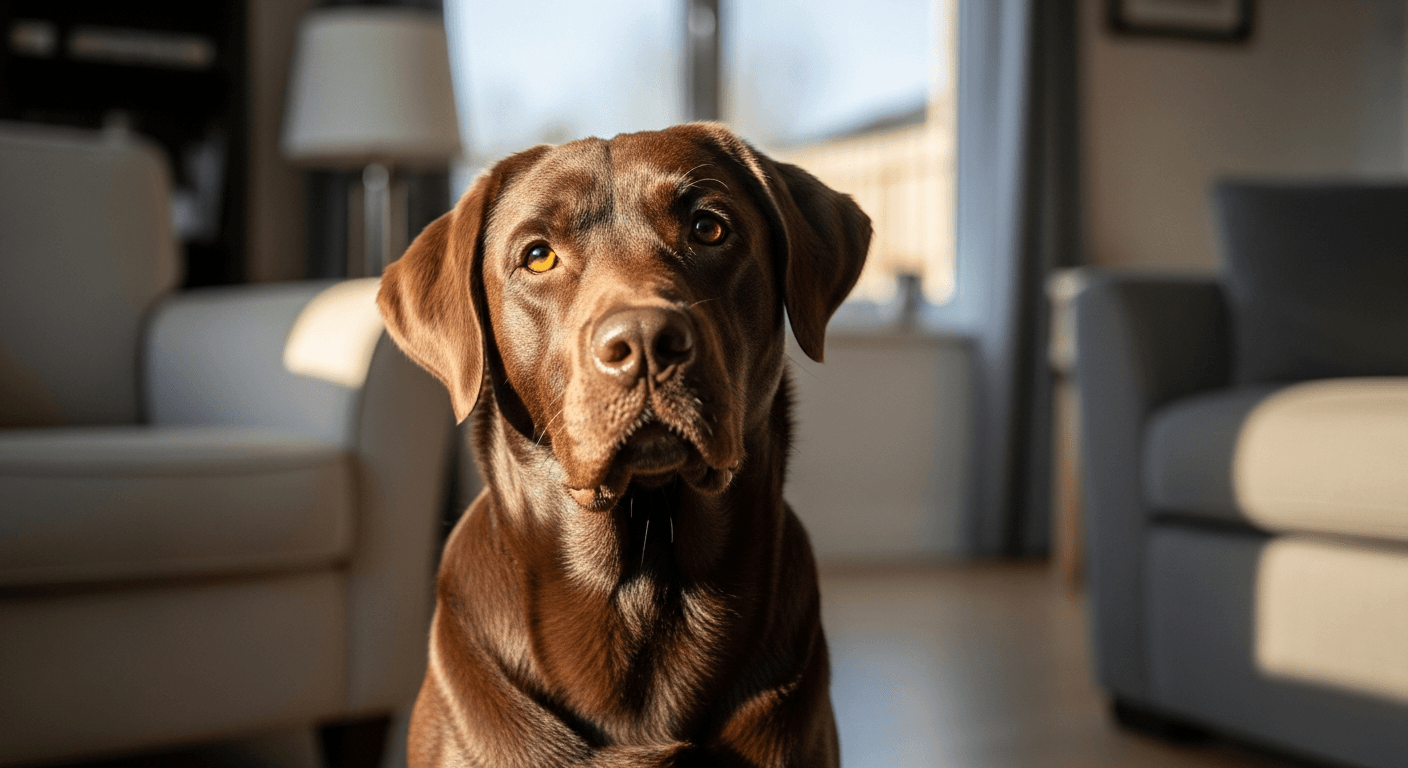 A chocolate labrador sitting attentively in a sunlit living room with intelligent eyes and a glossy coat