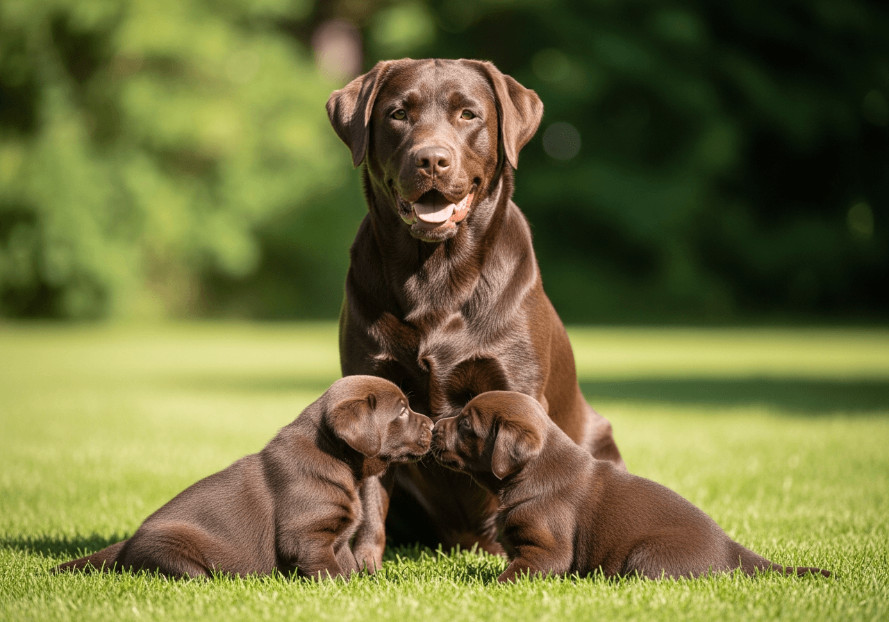 Chocolate Labrador puppy and black Labrador mother resting together on a cream dog bed in a bright living room