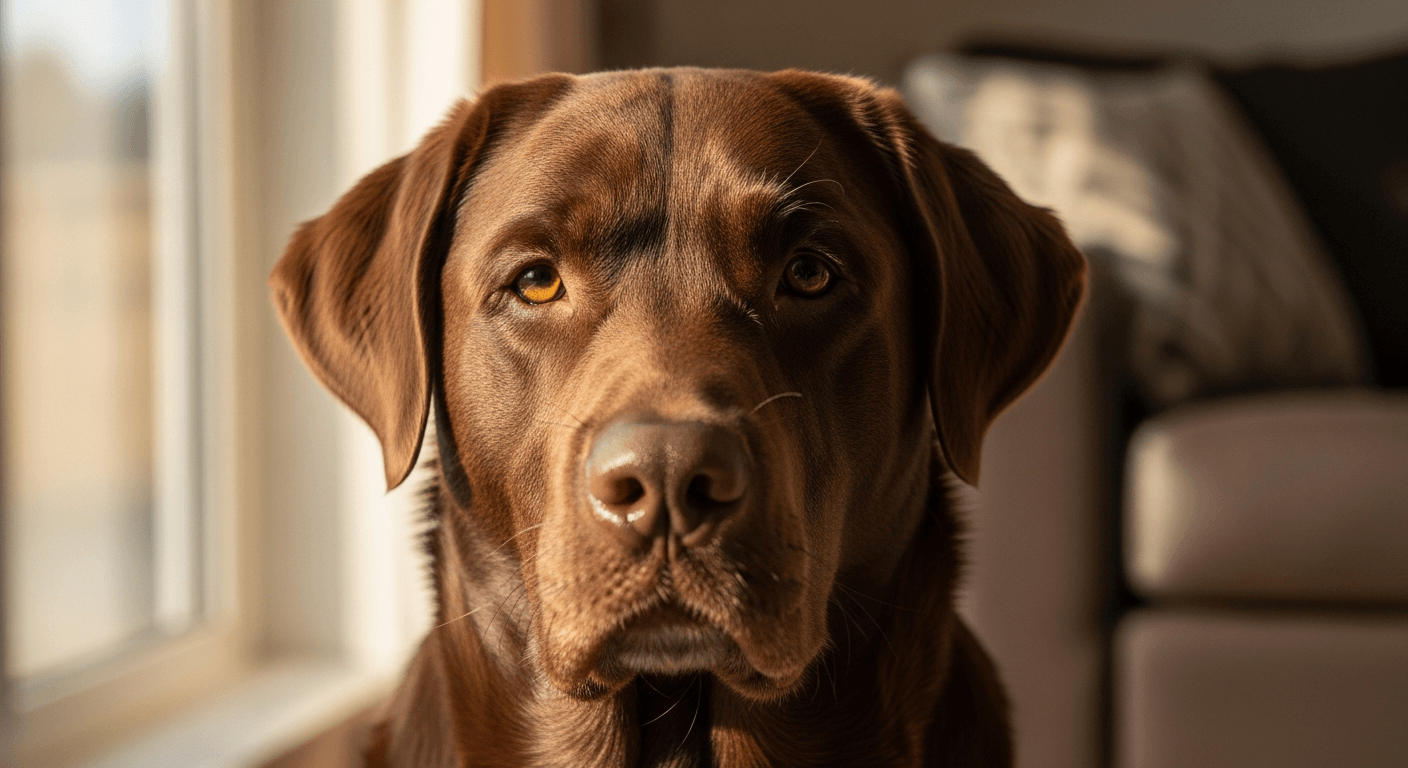Close-up portrait of a chocolate labrador's face in natural window light, looking at camera in a cozy living room