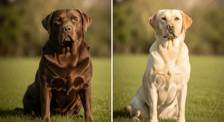 English vs American Labrador comparison showing stockier chocolate Lab and leaner yellow Lab sitting on grass