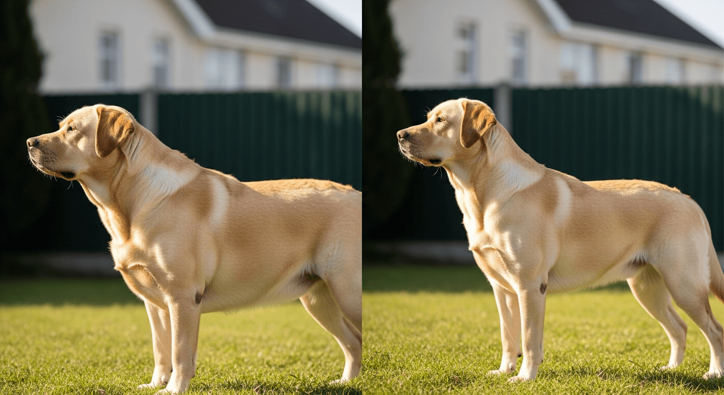 Side-by-side comparison of English vs American Labrador showing stockier versus athletic body structures