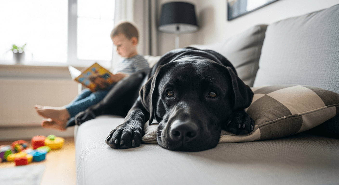 Black English Labrador relaxing on couch while child reads nearby in peaceful living room