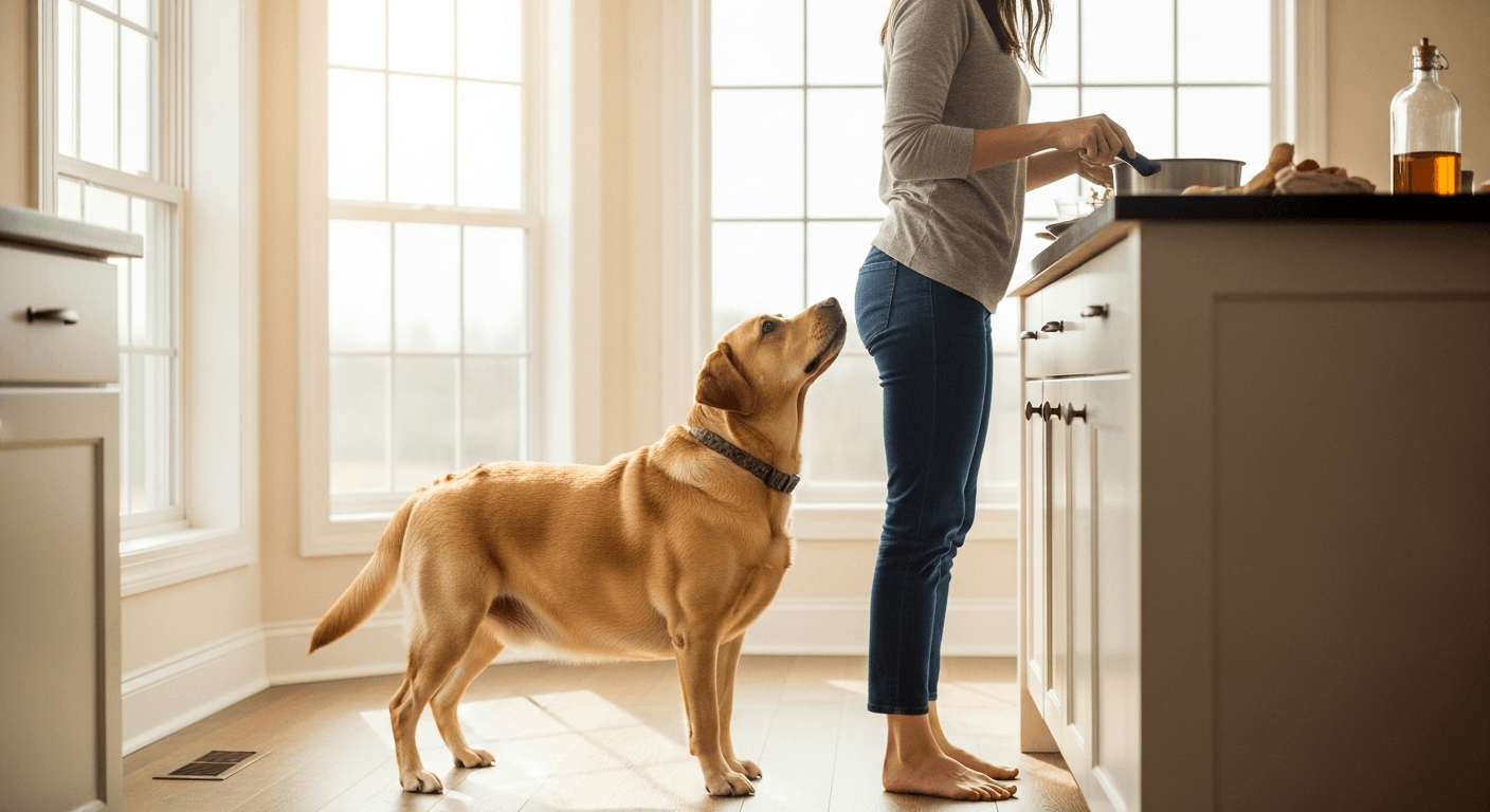 English Labrador Retriever with rounder build watching woman prepare food in bright kitchen