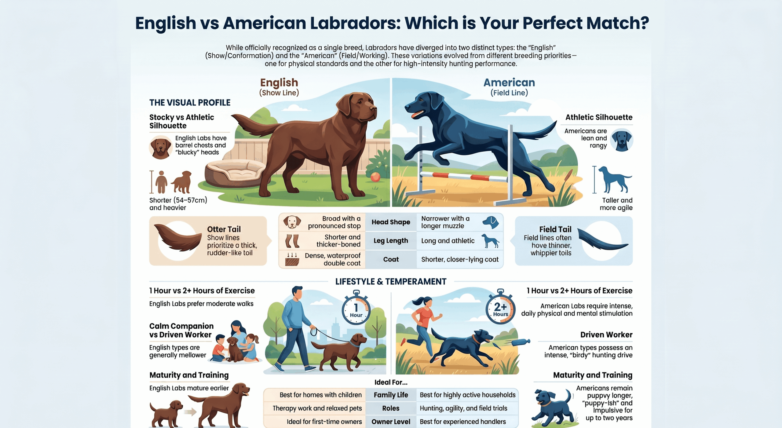 English vs American Labrador comparison infographic: show line vs field line build, temperament, exercise, and ideal owner