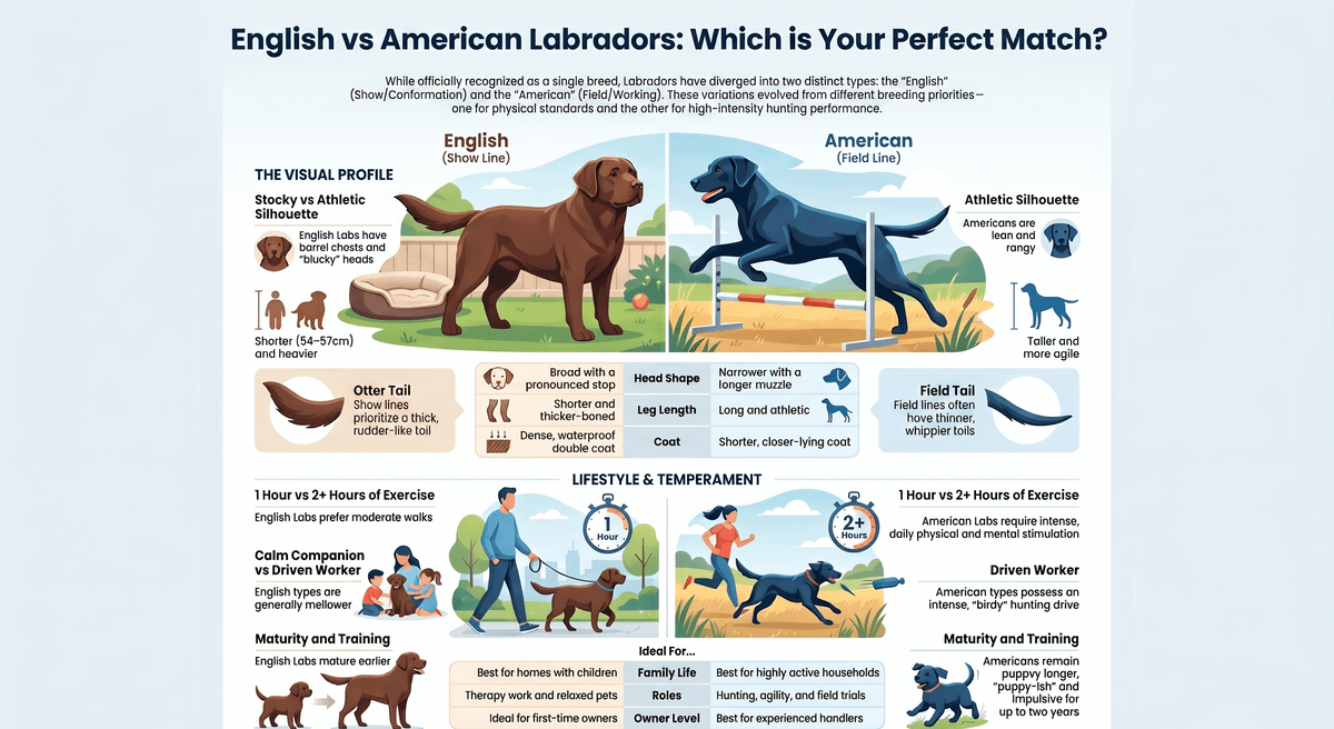 Infographic comparing English show line and American field line Labrador Retrievers with visual profile temperament and lifestyle differences