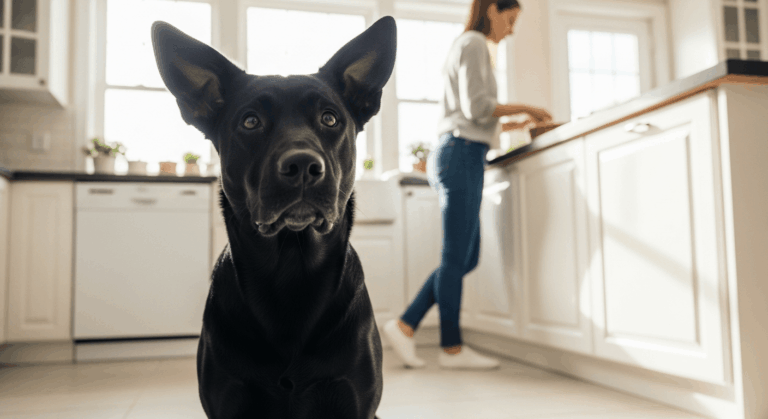 Black Labrador Retriever sitting in a modern kitchen looking at owner holding food bowl, untitled