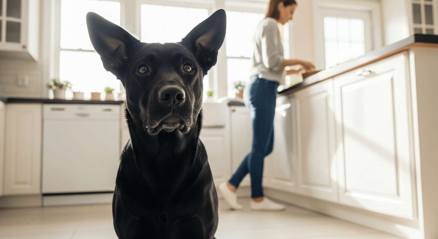 Black Labrador Retriever sitting in a modern kitchen looking at owner holding food bowl, untitled