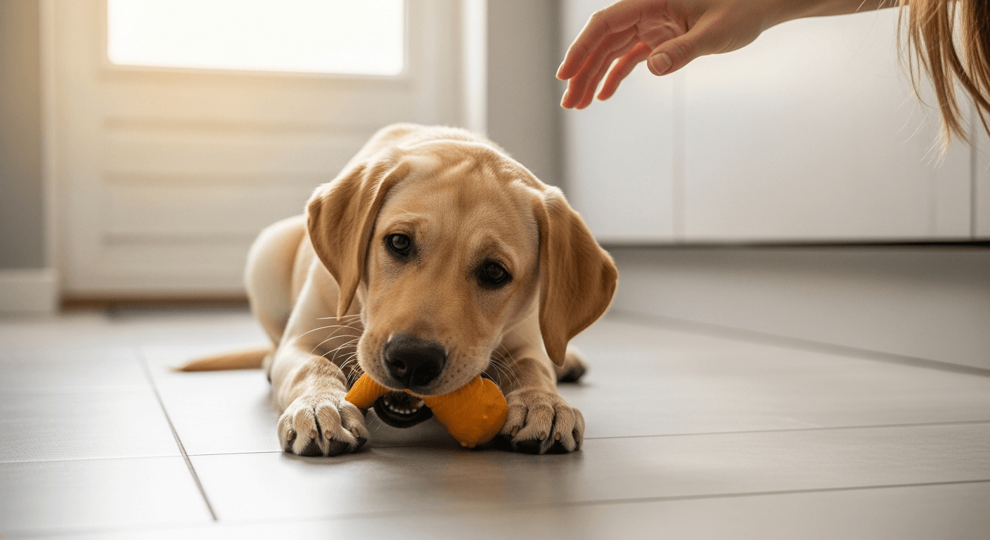 Young yellow Labrador puppy chewing teething toy on kitchen floor, demonstrating labrador teething: timeline, symptoms & what