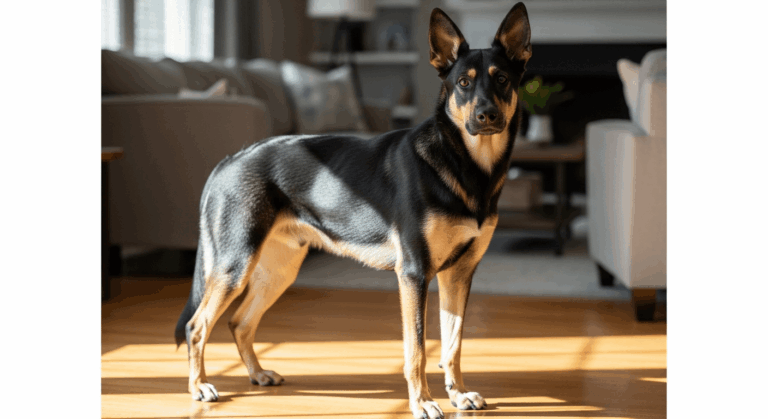 German Shepherd Lab mix standing alert indoors with dark sable coat and intelligent expression