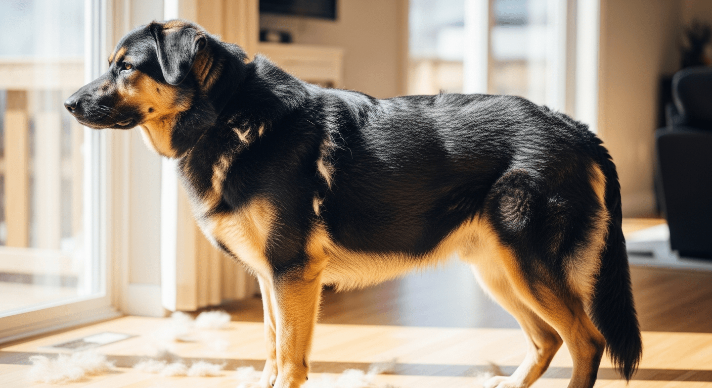 Black and tan German Shepherd Lab mix standing indoors with visible shedding, showing muscular build and alert posture