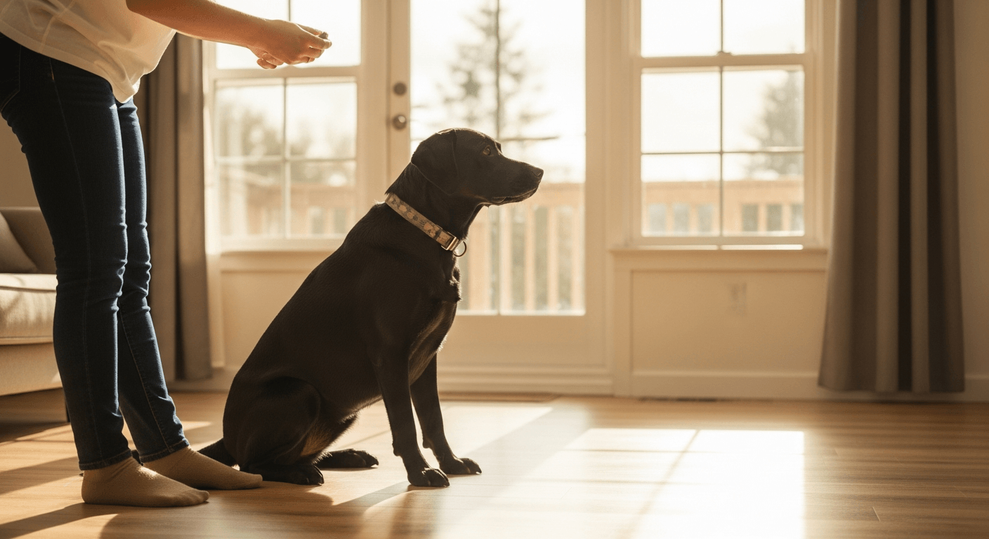 Black Lab sitting attentively at owner's feet during training with treat motivation in bright living room