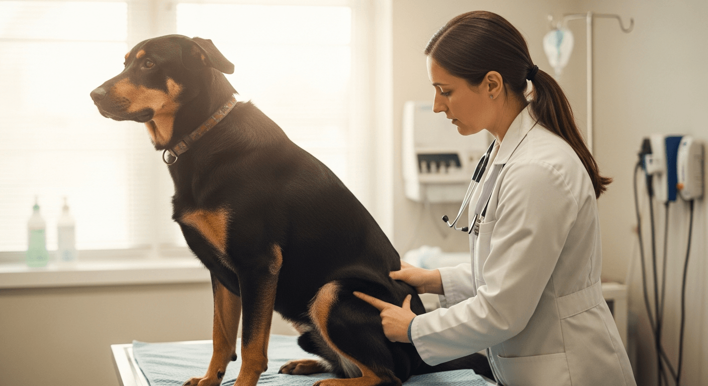 Veterinarian examining a German Shepherd Lab mix's hips during physical exam at clinic