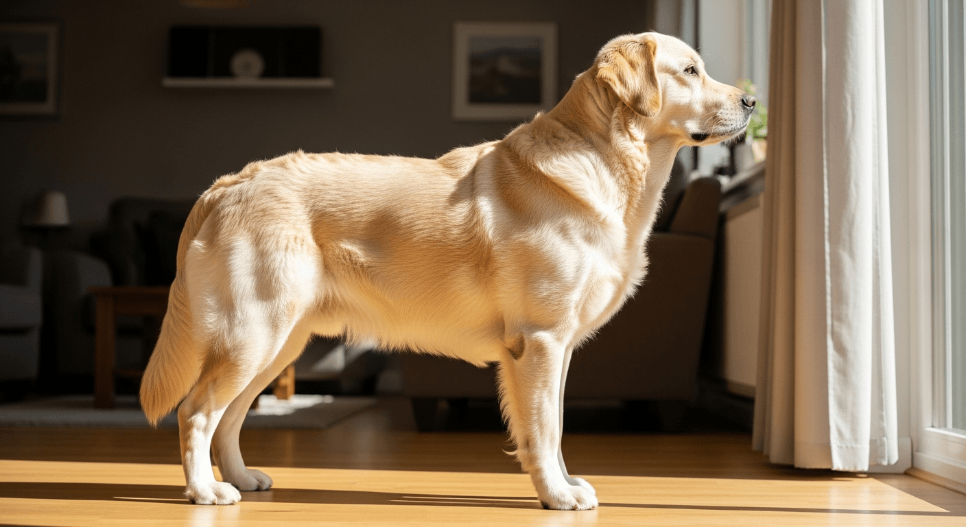Cream-colored goldador standing in sunlit living room, showcasing muscular build and feathered coat
