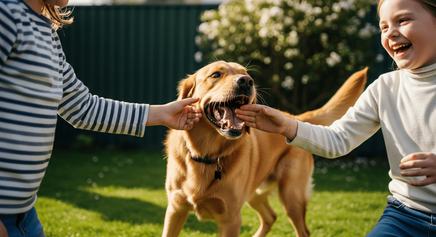 Goldador playing with two children in a sunny backyard, dog's mouth open in joyful expression while kids laugh nearby
