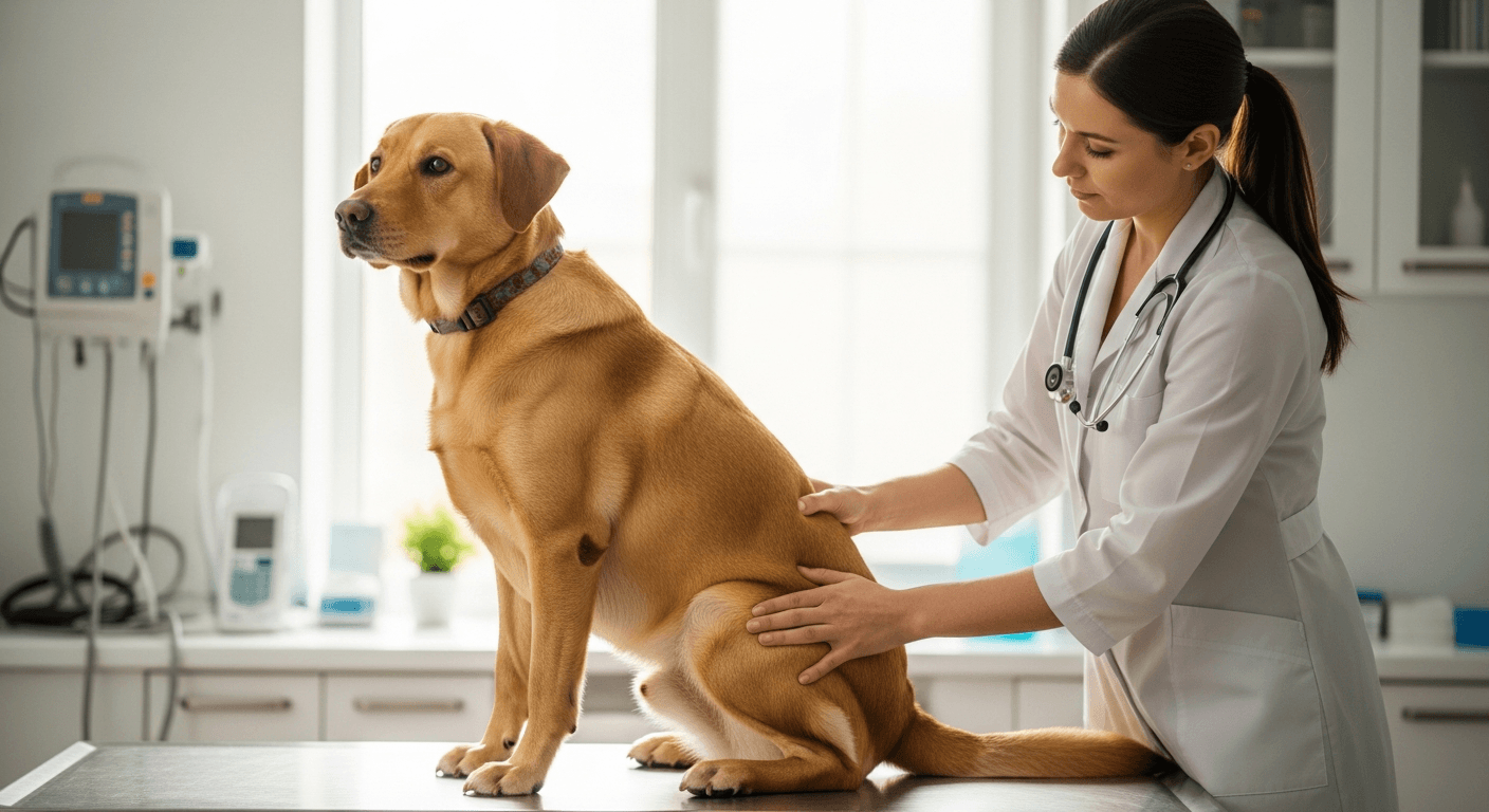 Veterinarian examining a goldador's hip and leg mobility during a wellness check