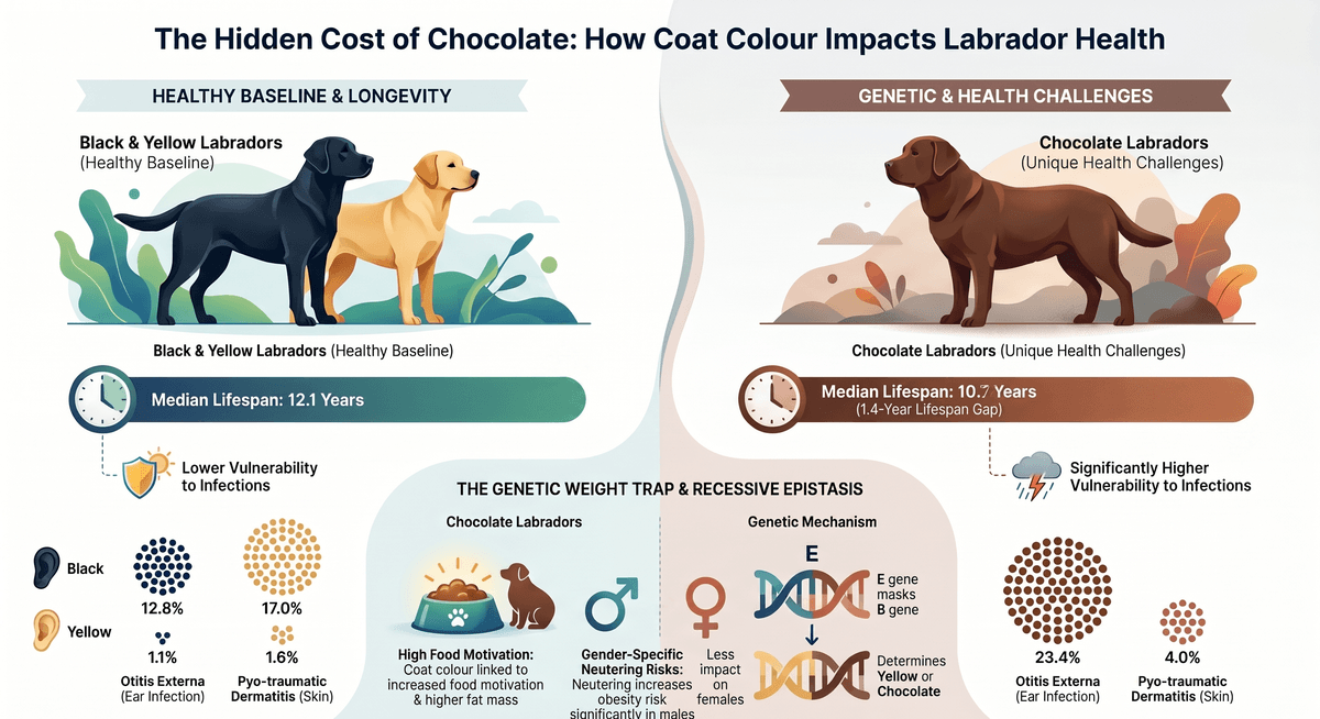 Infographic showing Labrador coat color genetics and health outcomes for black yellow and chocolate Labs
