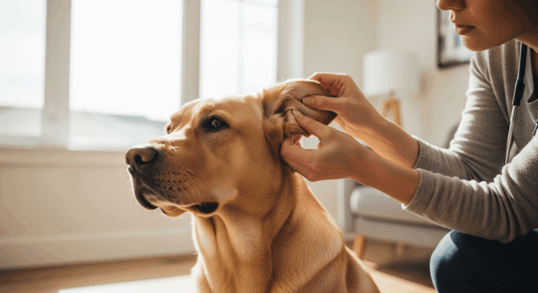 Owner examining golden Labrador ear infections with gentle hands in home setting