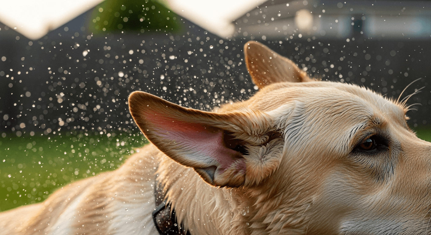 Wet yellow Labrador shaking water from its ears after swimming, demonstrating how moisture trapped in floppy ears can lead to