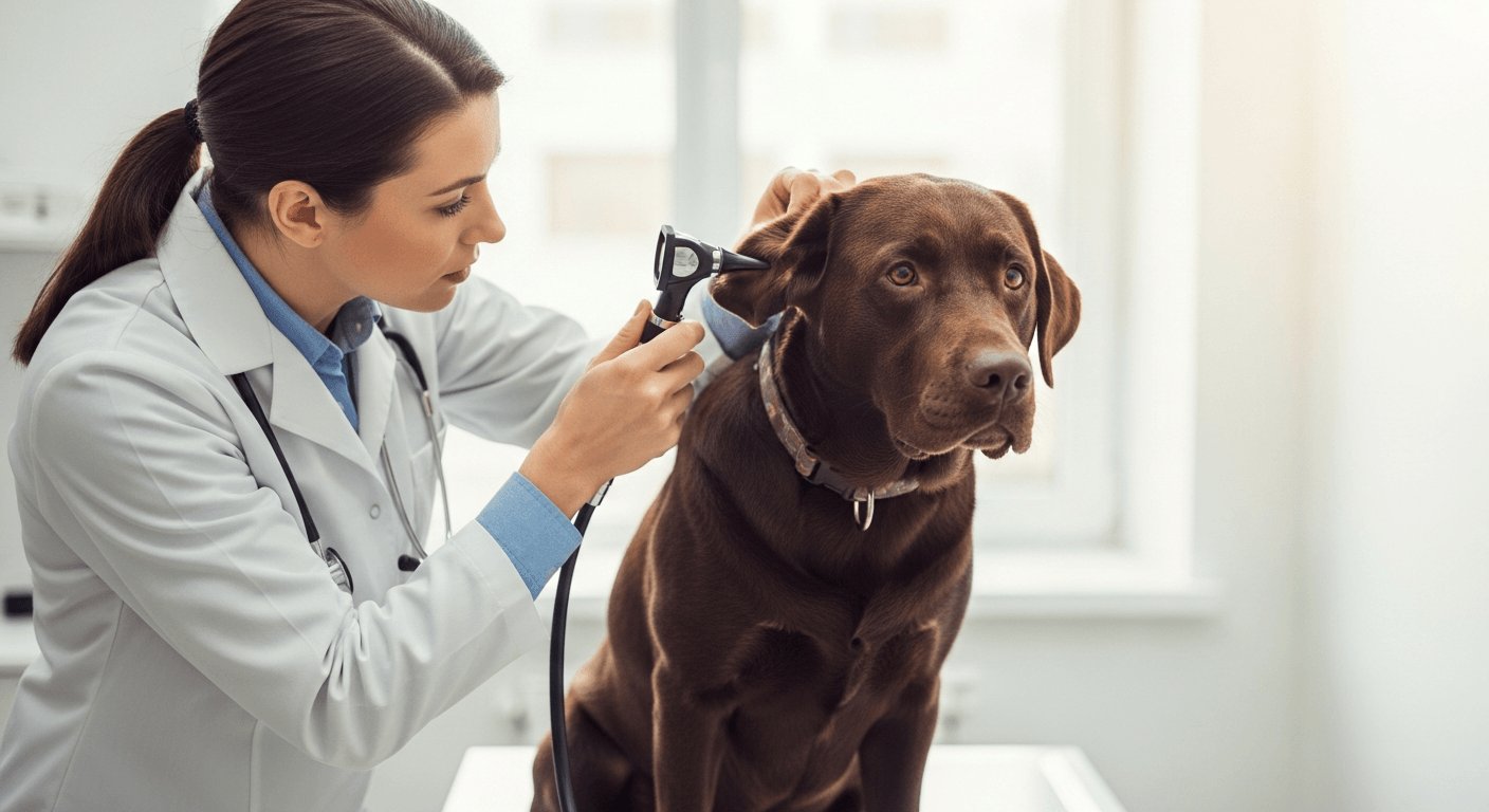 Veterinarian examining a chocolate Labrador's ear with an otoscope during a clinical exam for labrador ear infections