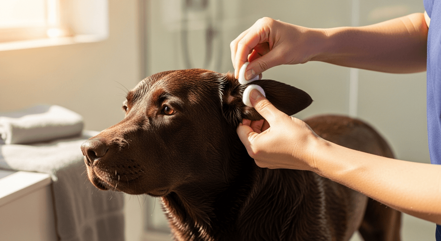 Owner drying a chocolate Labrador's ear with cotton ball after bath to prevent ear infections