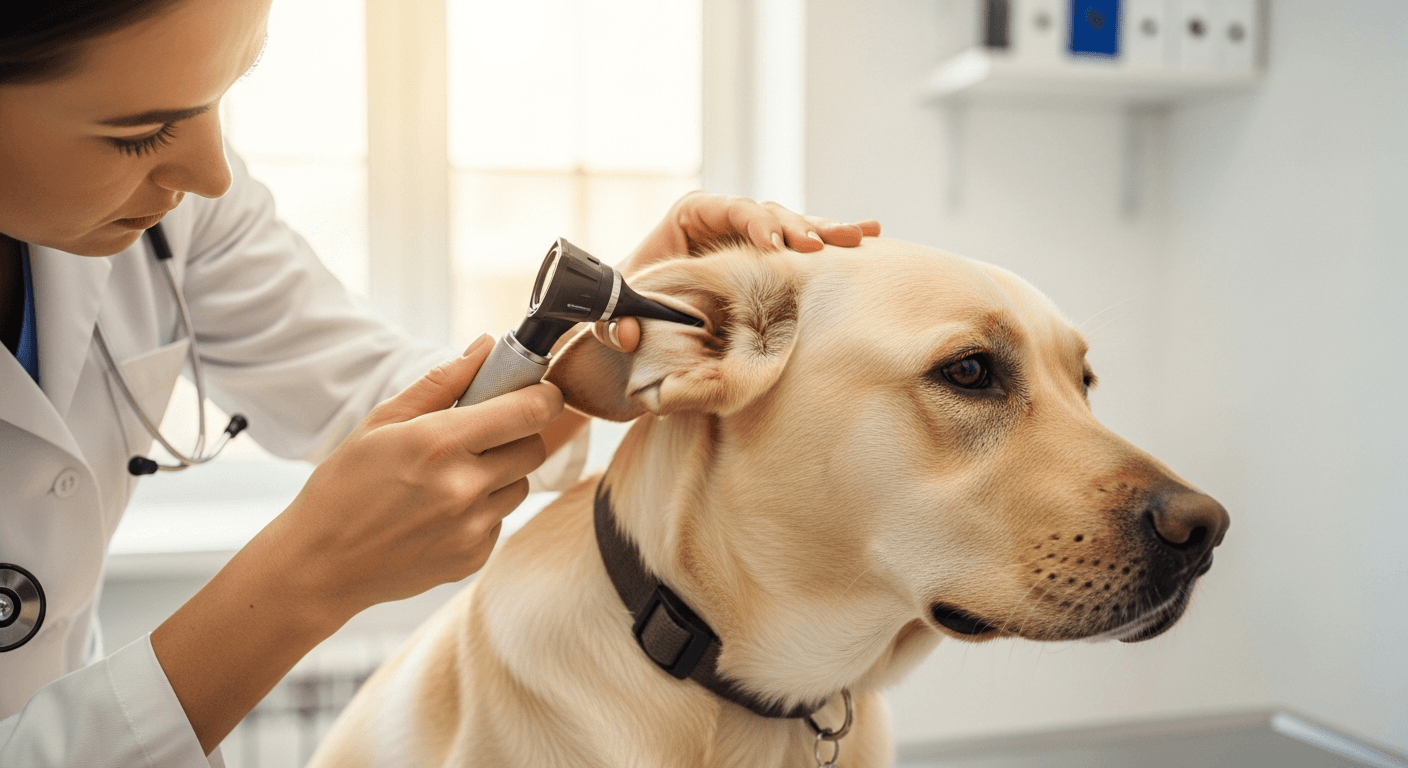 Veterinarian examining a yellow Labrador's ear with otoscope during routine labrador ear infections check at clinic