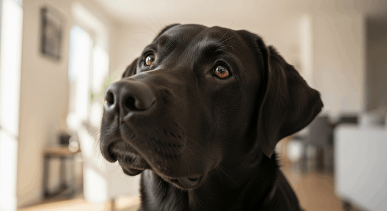 Close-up of black Labrador's eyes showing health and clarity indoors, relating to labrador eye problems