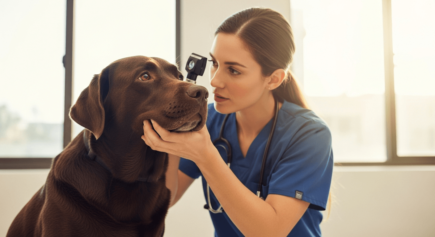 Veterinarian examining a chocolate Labrador's eye with an ophthalmoscope to assess labrador eye problems