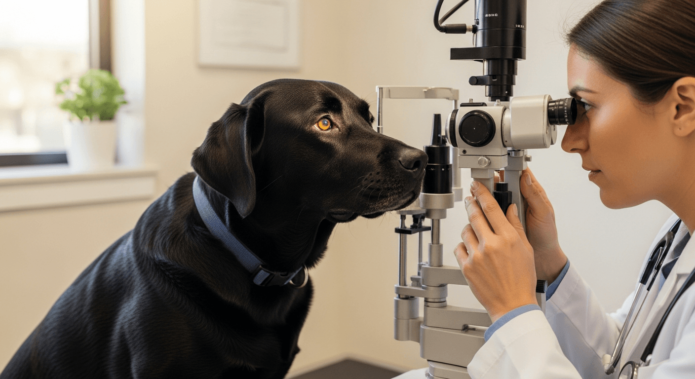 Veterinary ophthalmologist examining a black Labrador's eye with a slit lamp during an eye exam