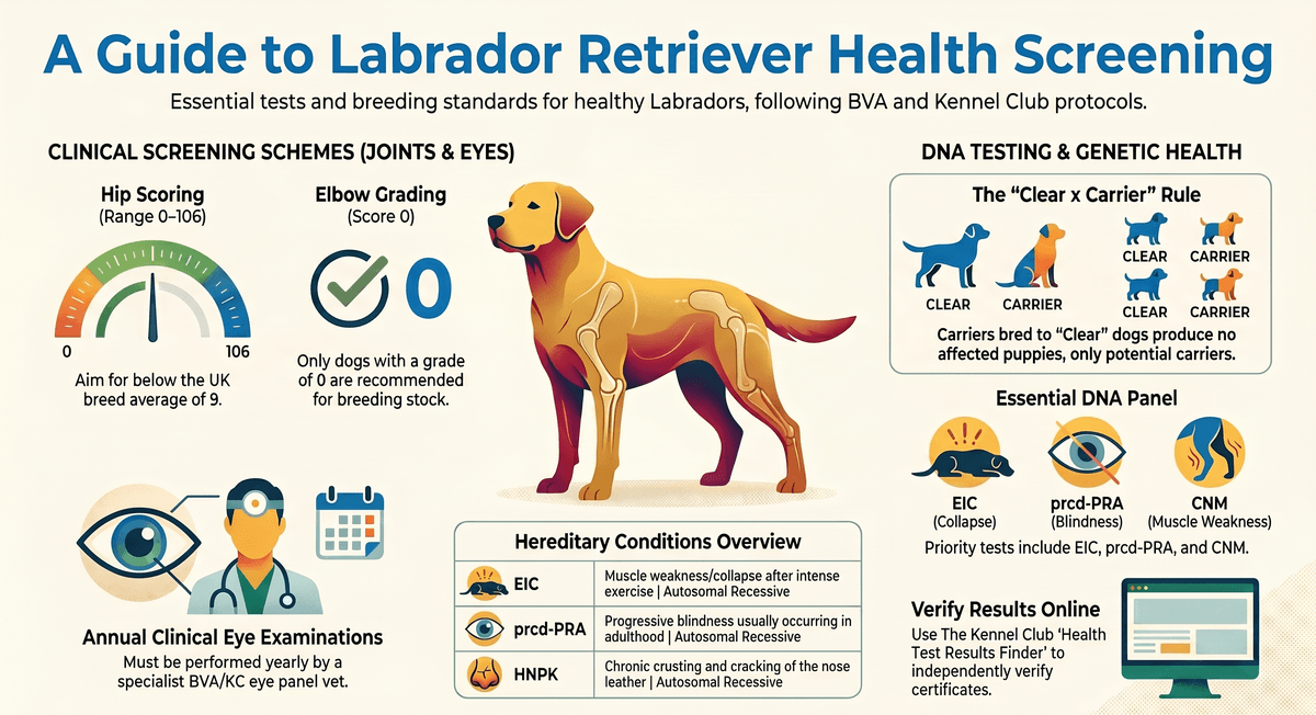 Infographic showing required health screening tests for Labrador Retriever breeders including hip scoring elbow grading eye exams and DNA panels