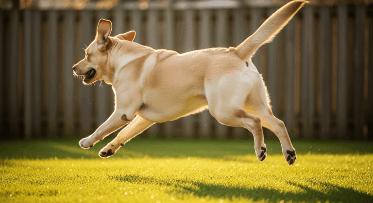 Healthy yellow Labrador running through grass, demonstrating normal movement without labrador hip dysplasia