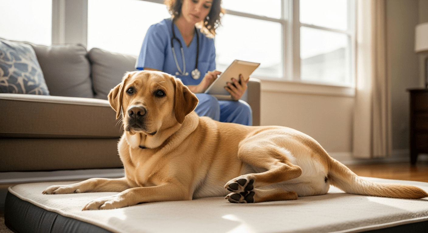 Golden Labrador favoring hind leg on orthopedic bed with veterinarian reviewing medical notes in background