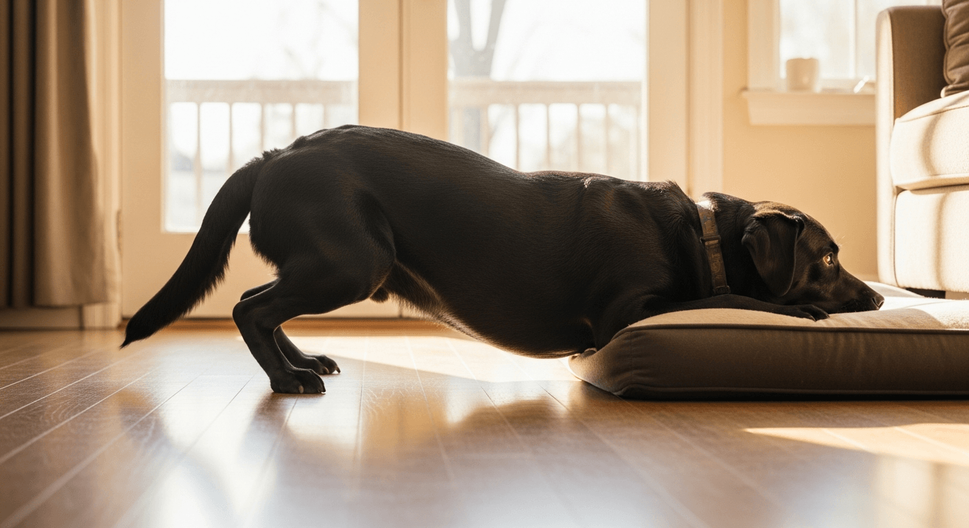 Black Labrador struggling to stand from bed, showing rear leg weakness and stiffness typical of hip dysplasia