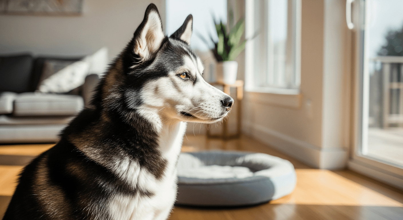 Black and white labrador husky mix with blue and brown eyes sitting on hardwood floor in bright living room