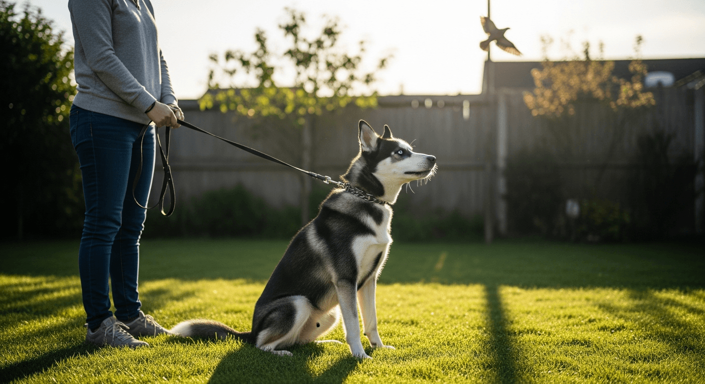 A black and white Labrador Husky mix with blue eyes on a leash in a backyard, focused on a bird with alert, independent body